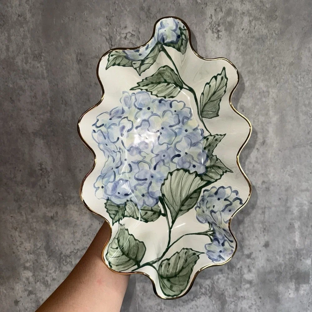 Susan Gordon Pottery Ceramic Juliette Blue Hydrangea Wavy Bowl 22k Gold Trim
